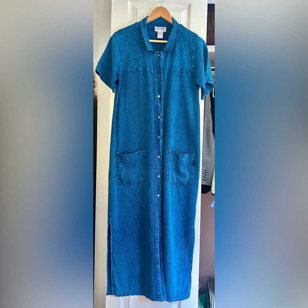 Vintage Ezze Wear Blue Cord Cotton Button Snap Duster Shirt Dress Small Medium
